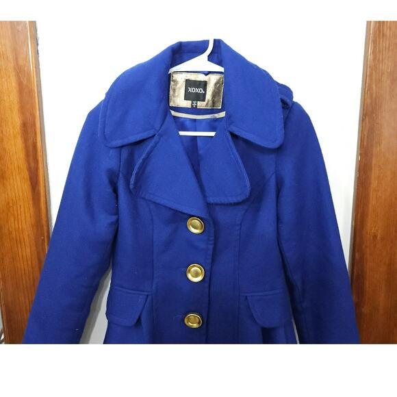 VTG Y2K XOXO Royal Blue Pea Coat Flare Waist Gold Buttons Gold Zippers Sz Small - Picture 5 of 10